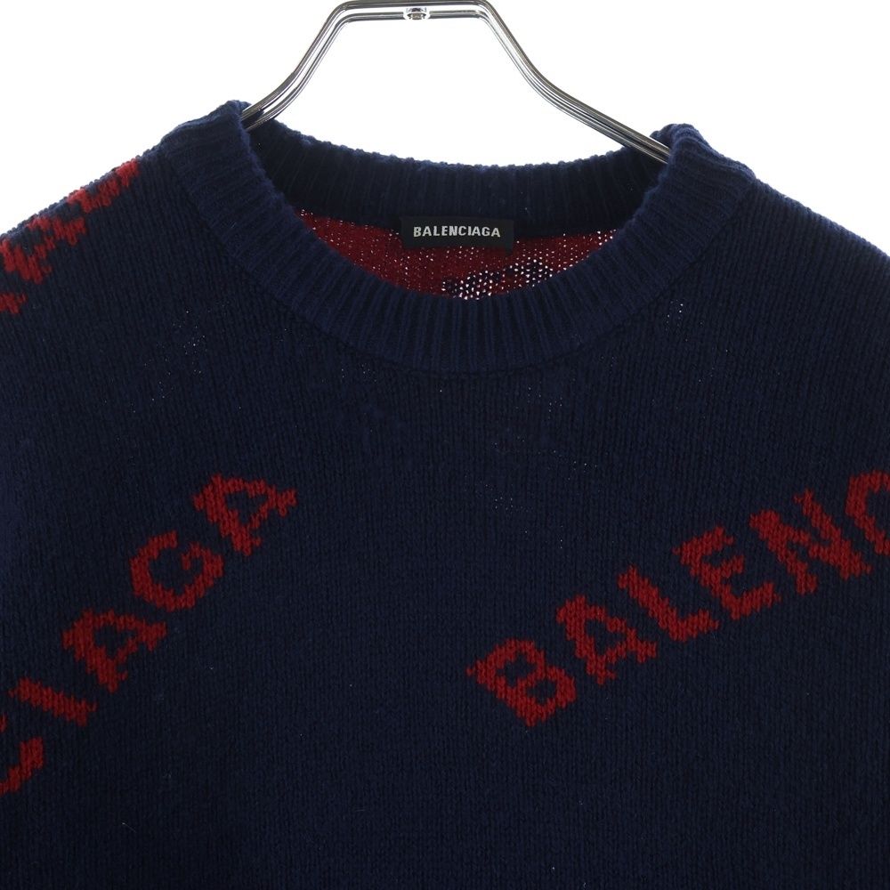 Balenciaga Allover Logo Crewneck Knit Crew Neck Long Sleeve Sweater Navy Red — view 3