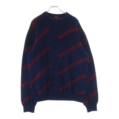 Balenciaga Allover Logo Crewneck Knit Crew Neck Long Sleeve Sweater Navy Red