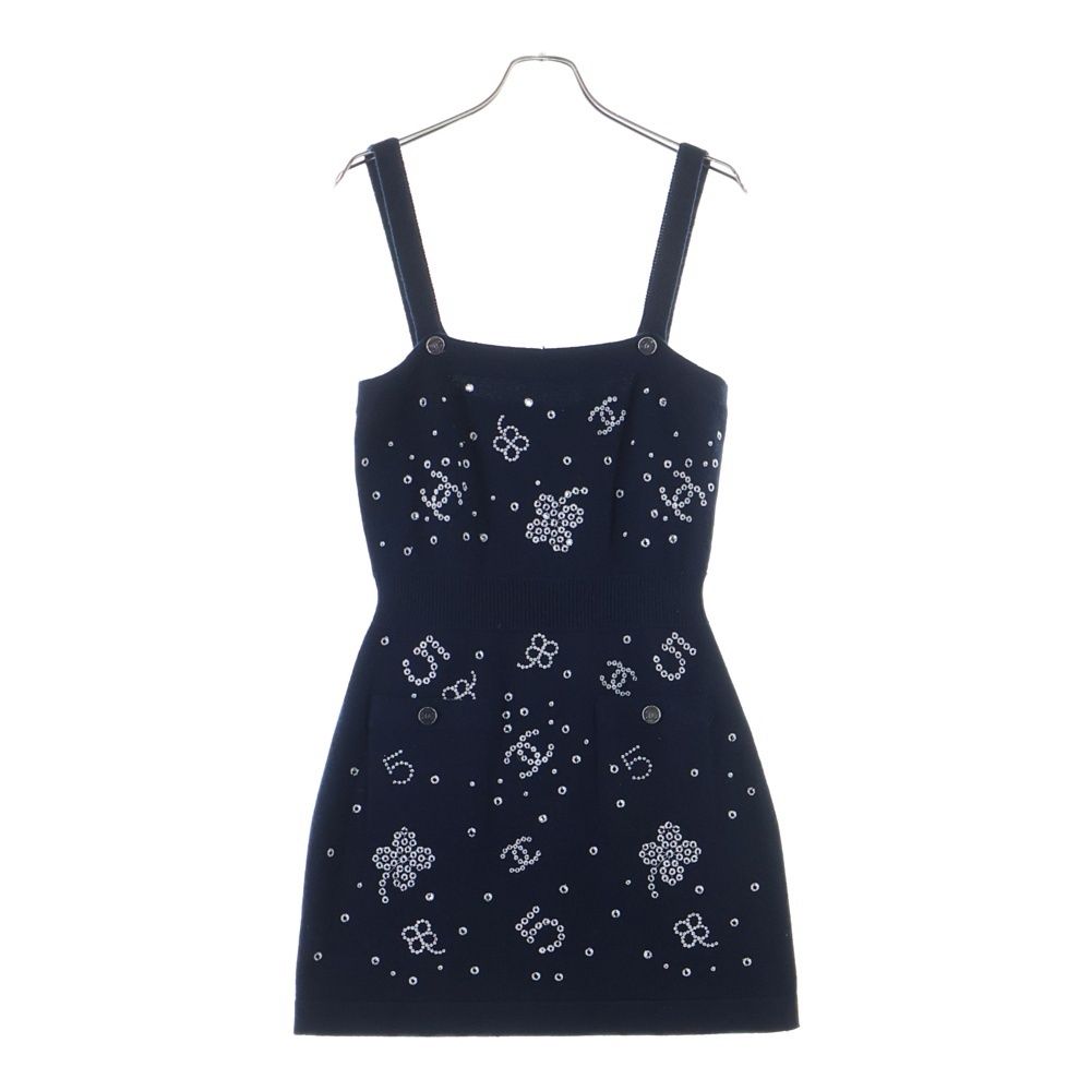 Chanel Floral Embroidery Cashmere Knit Dress Navy Bustier