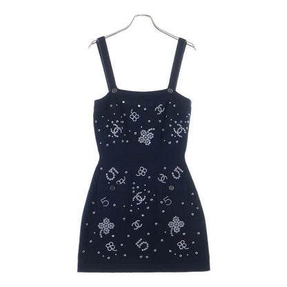 Chanel Floral Embroidery Cashmere Knit Dress Navy Bustier