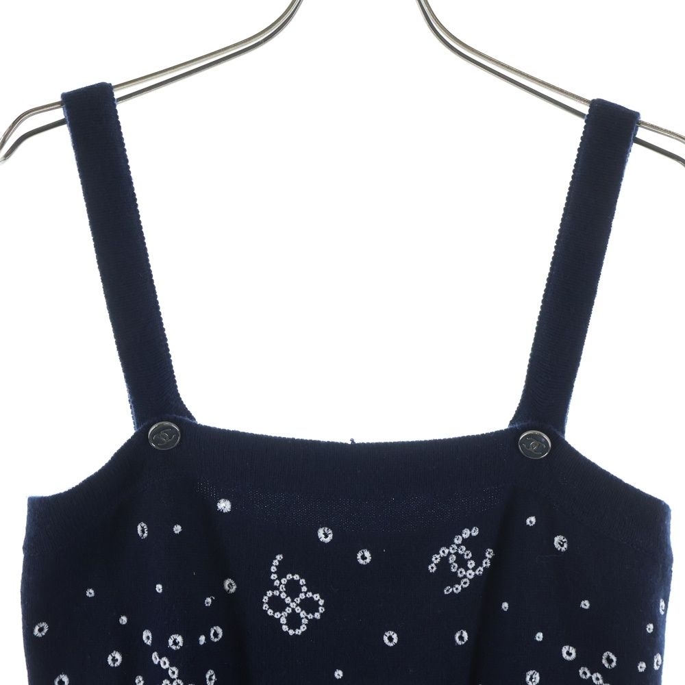 Chanel Floral Embroidery Cashmere Knit Dress Navy Bustier — view 3