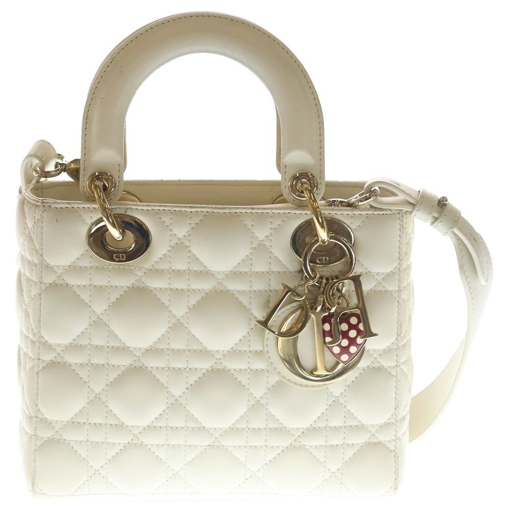 Dior Lady Myabc Small Heart Charm 2-Way Shoulder Bag White Leather Gold