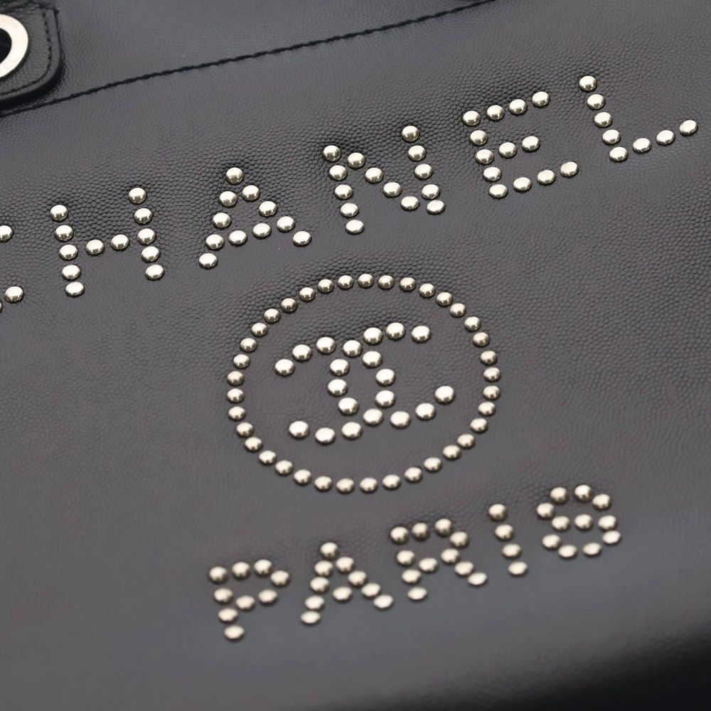 Chanel Deauville MM Studded Tote Black Caviar Leather Silver — view 5