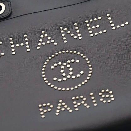 Chanel Deauville MM Studded Tote Black Caviar Leather Silver — view 5