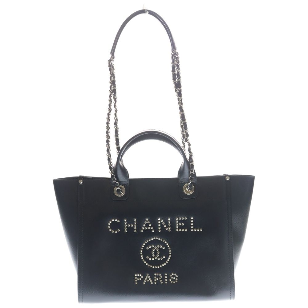 Chanel Deauville MM Studded Tote Black Caviar Leather Silver