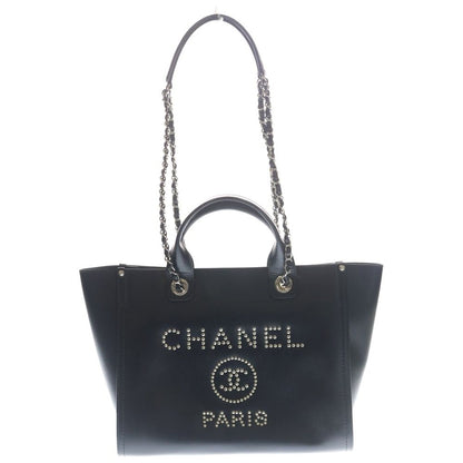 Chanel Deauville MM Studded Tote Black Caviar Leather Silver