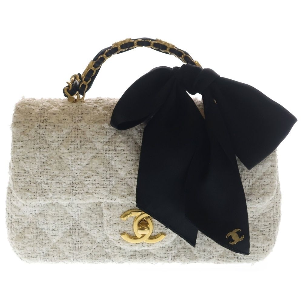 Chanel Tweed Quilted 2-Way Shoulder Bag with Ribbon White Black Gold