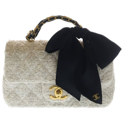 Chanel Tweed Quilted 2-Way Shoulder Bag with Ribbon White Black Gold
