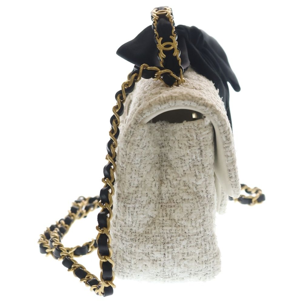 Chanel Tweed Quilted 2-Way Shoulder Bag with Ribbon White Black Gold — view 3