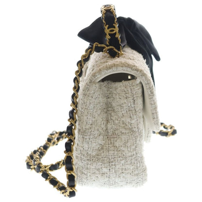 Chanel Tweed Quilted 2-Way Shoulder Bag with Ribbon White Black Gold — view 3