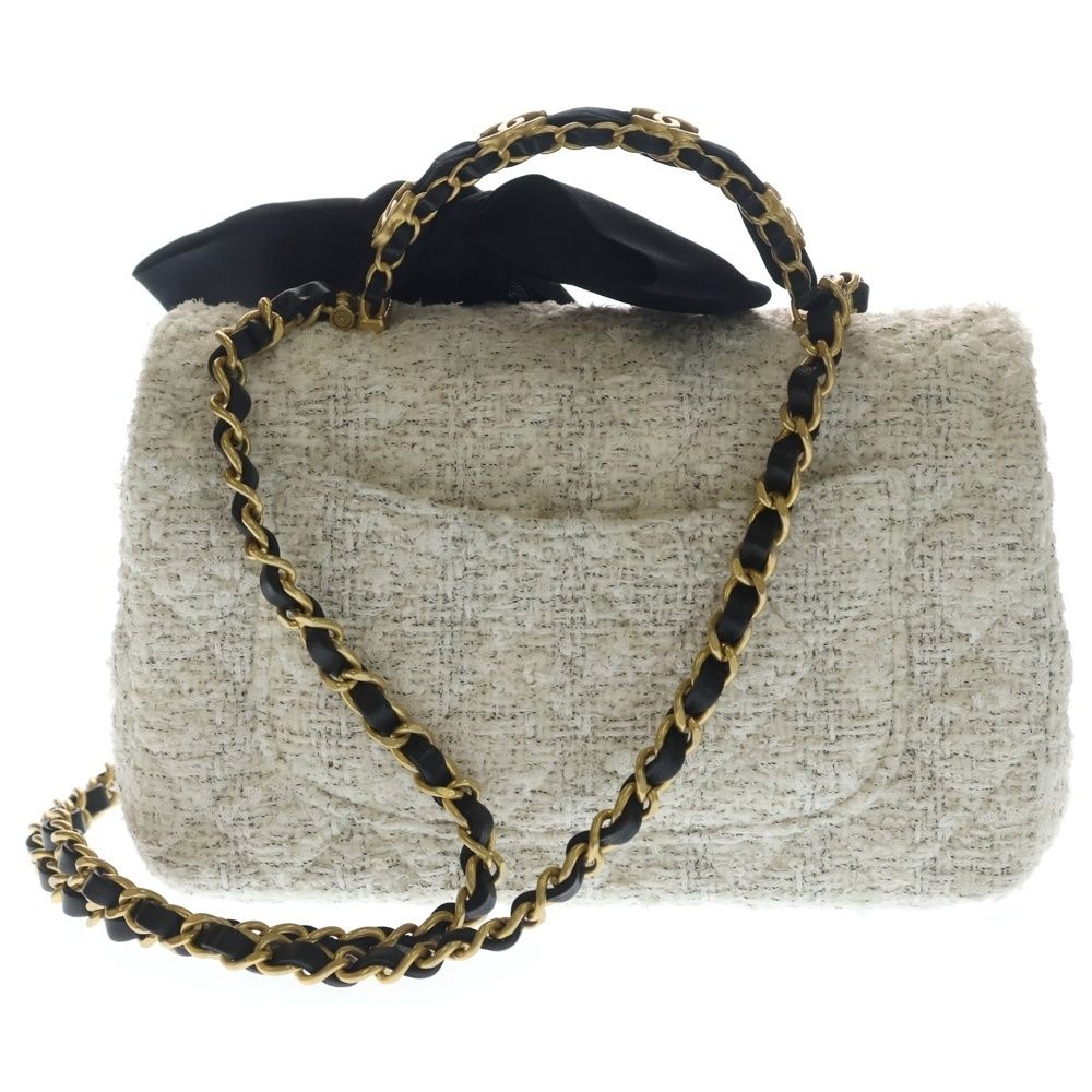 Chanel Tweed Quilted 2-Way Shoulder Bag with Ribbon White Black Gold — view 2