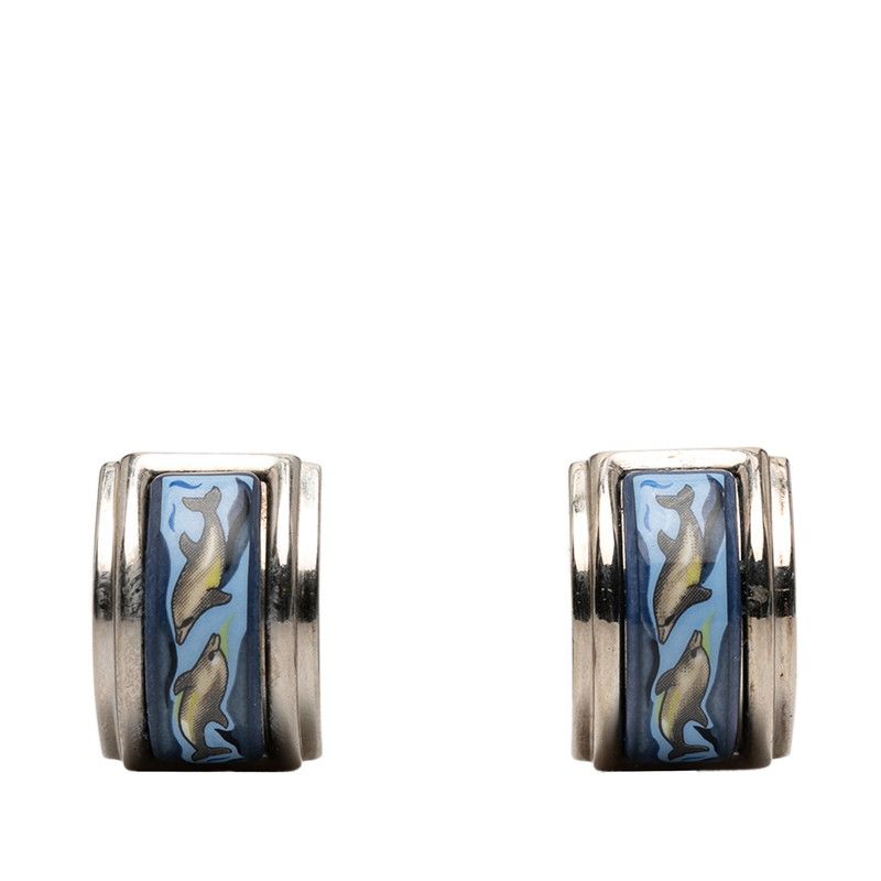 Hermes Enamel Cloisonne Earrings Silver Multicolor Metal 1