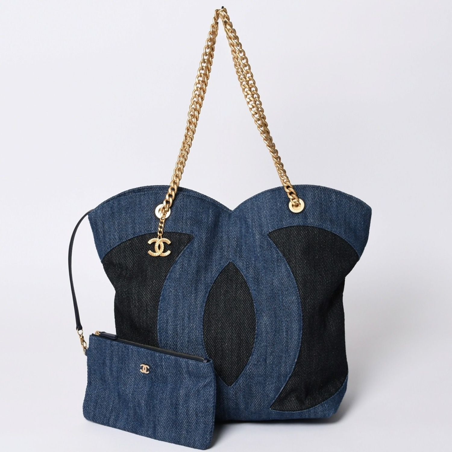 Chanel Chain Tote Bag Base CC Logo Denim Indigo Blue