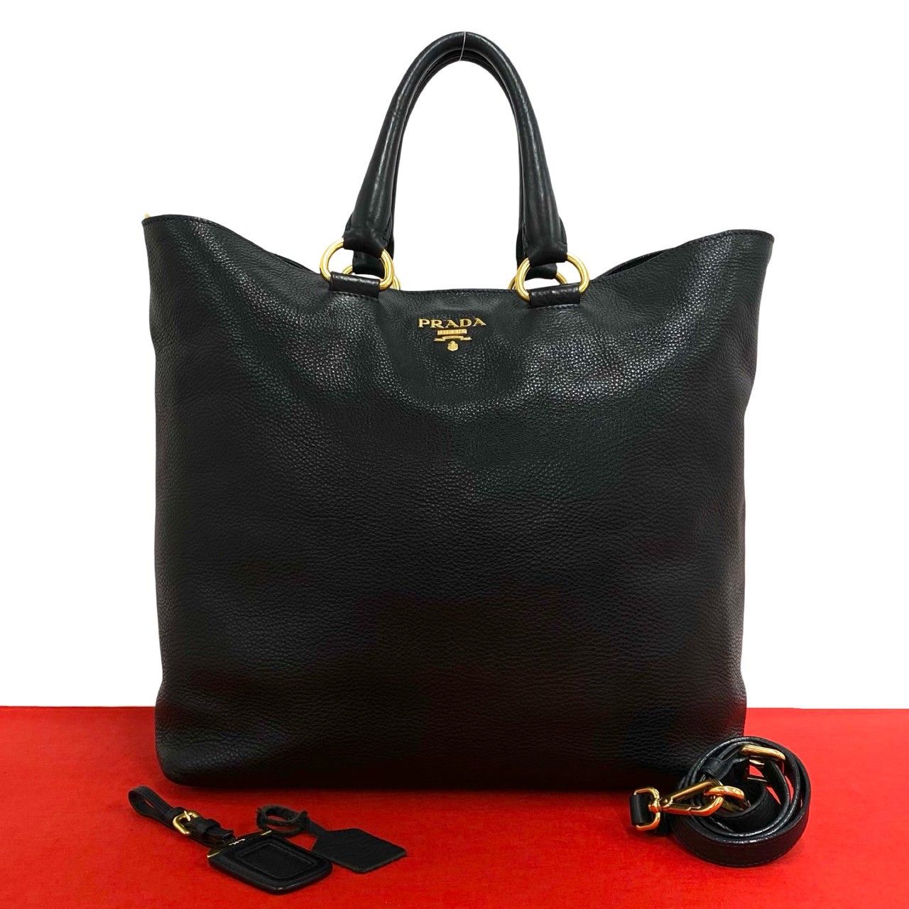 Prada Logo Leather 2-Way Shoulder Bag Business Capacity Black