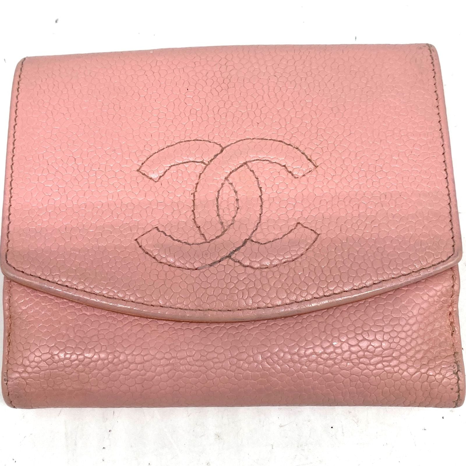 Chanel Fold Wallet Compact Caviar Leather Pink CC Logo