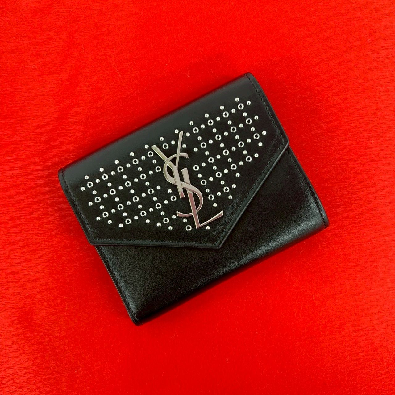 Saint Laurent Yves YSL Logo Studded Leather Bifold Wallet Mini Black