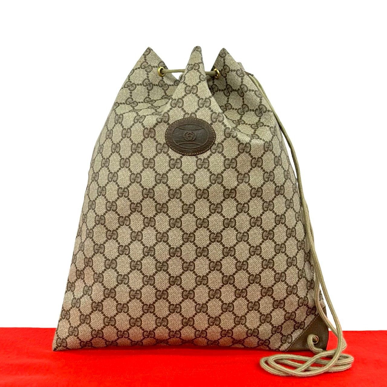 Gucci Vintage GG Logo Leather Drawstring Shoulder Bag Brown