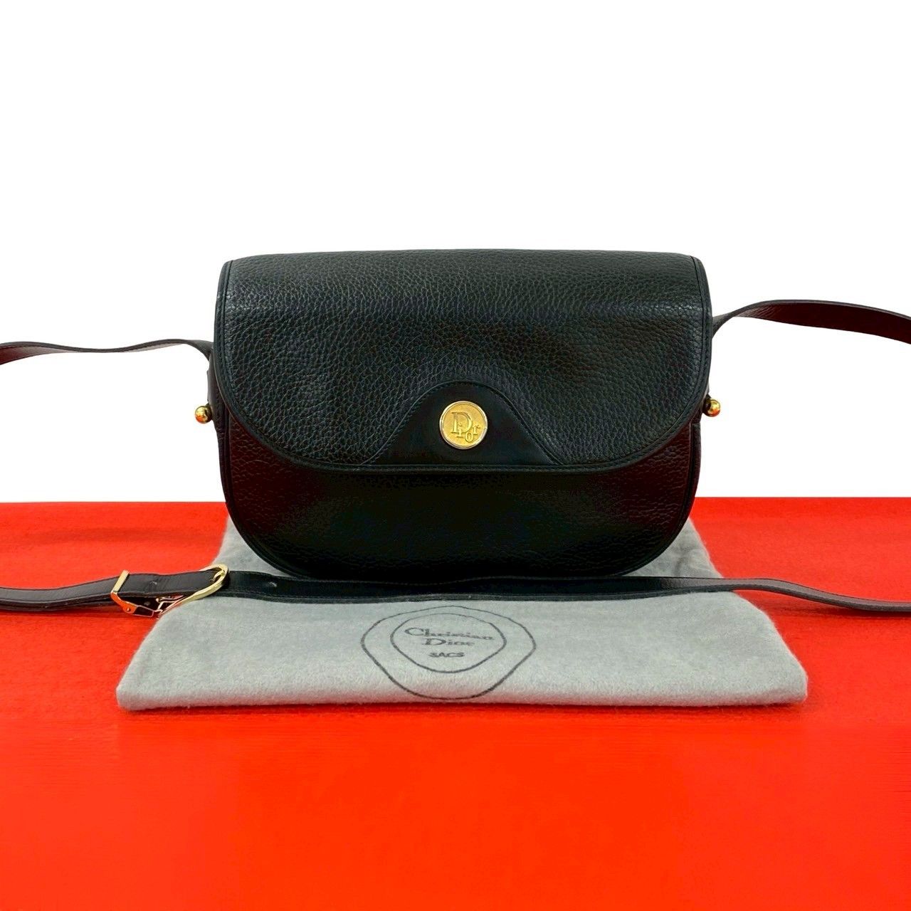 Dior Vintage Logo Leather Shoulder Bag Pochette Black