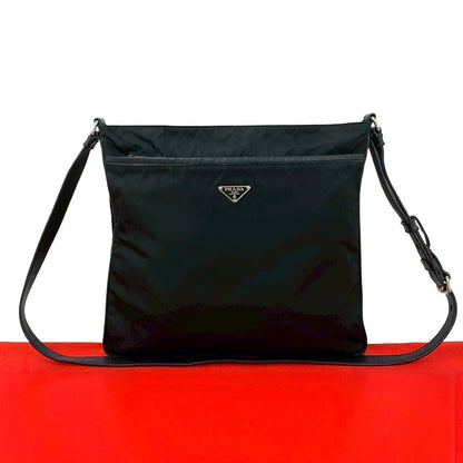 Prada Triangle Logo Nylon Leather Shoulder Bag Tote Black