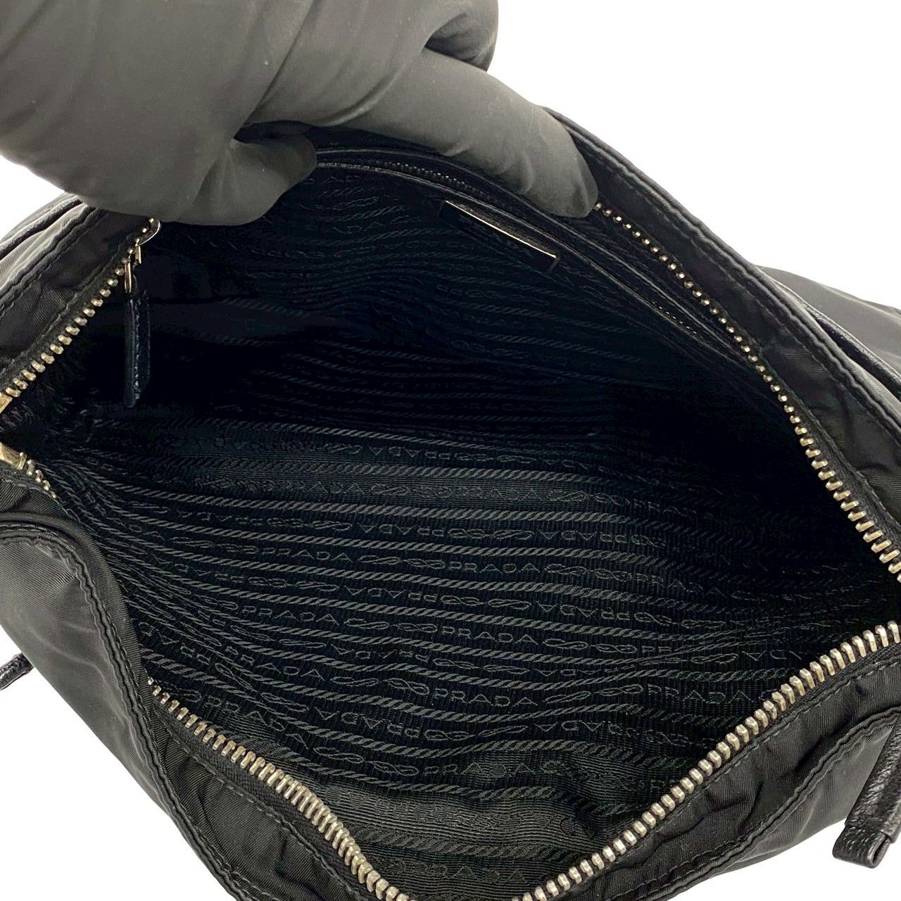 Prada Triangle Logo Nylon Leather Shoulder Bag Tote Black — view 9