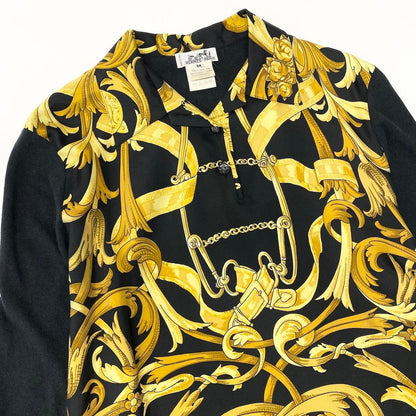 Hermes Silk Contrast Knit Polo Shirt Long Sleeve Top Scarf Pattern Vintage — view 4