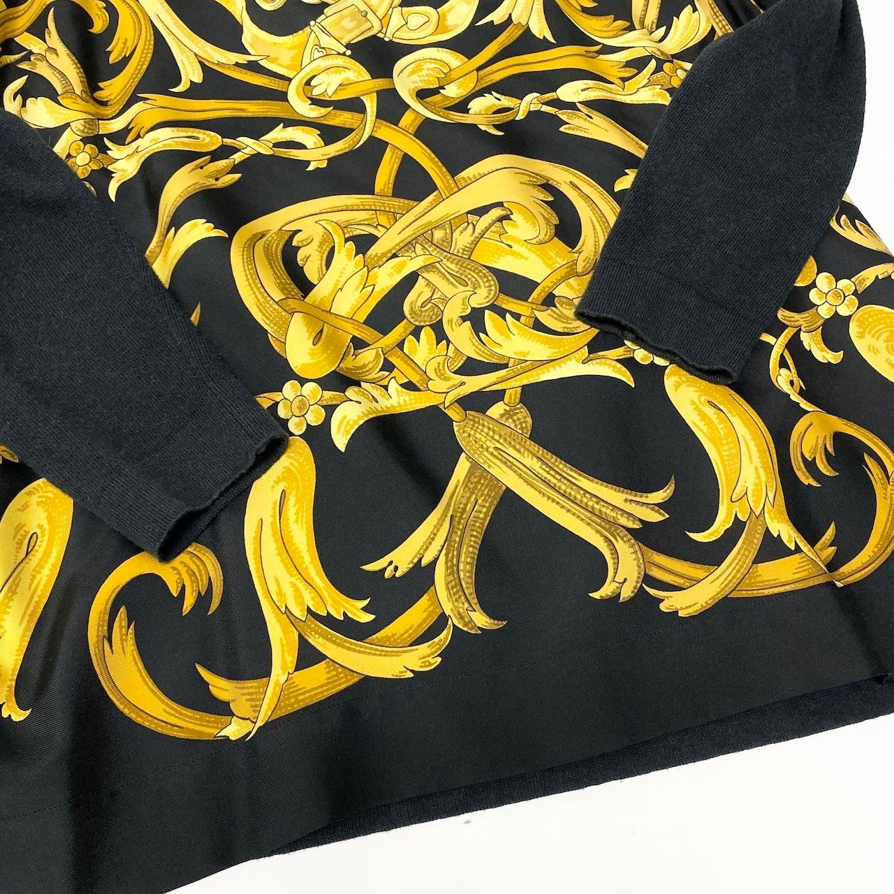 Hermes Silk Contrast Knit Polo Shirt Long Sleeve Top Scarf Pattern Vintage — view 5