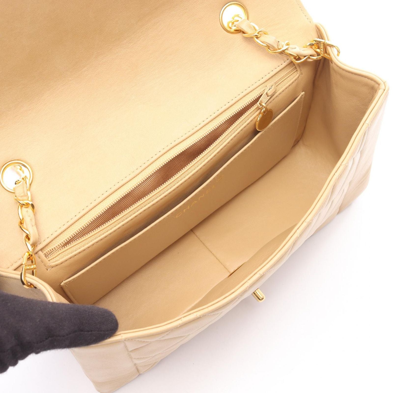 Chanel Shoulder Bag Quilted Diana Flap Beige Lambskin Chain — view 3