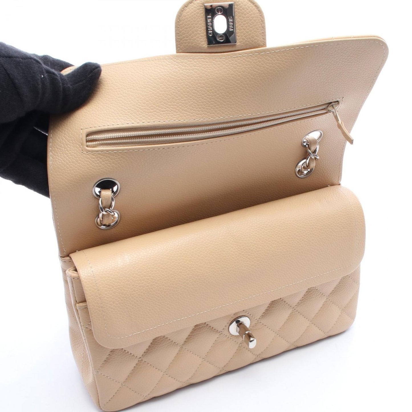 Chanel Shoulder Bag Quilted Double Flap Beige Caviar Leather Chain — view 9