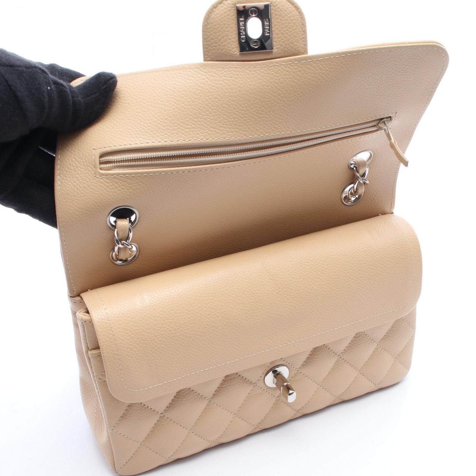 Chanel Shoulder Bag Quilted Double Flap Beige Caviar Leather Chain — view 9
