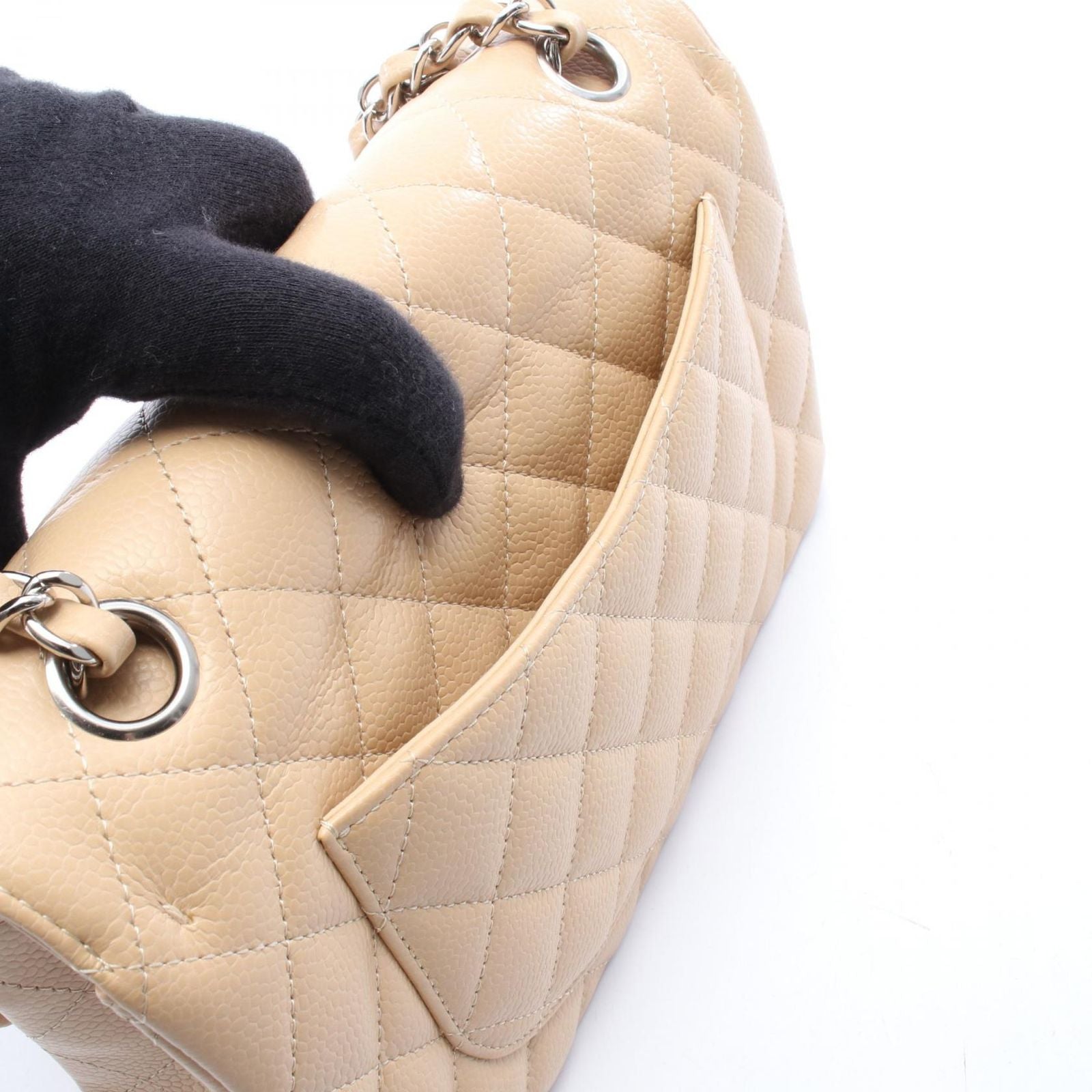 Chanel Shoulder Bag Quilted Double Flap Beige Caviar Leather Chain — view 6