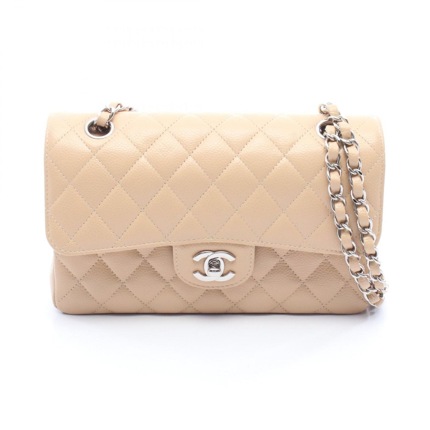 Chanel Shoulder Bag Quilted Double Flap Beige Caviar Leather Chain