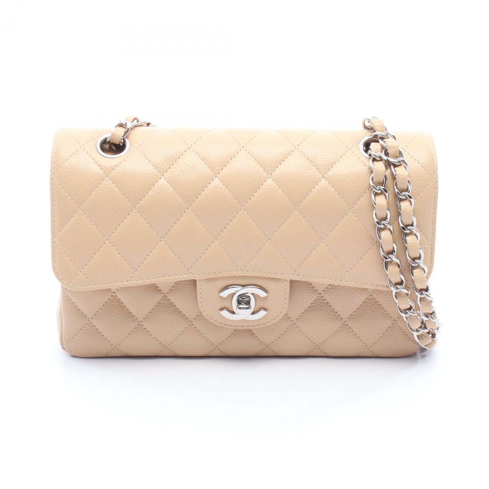 Chanel Shoulder Bag Quilted Double Flap Beige Caviar Leather Chain