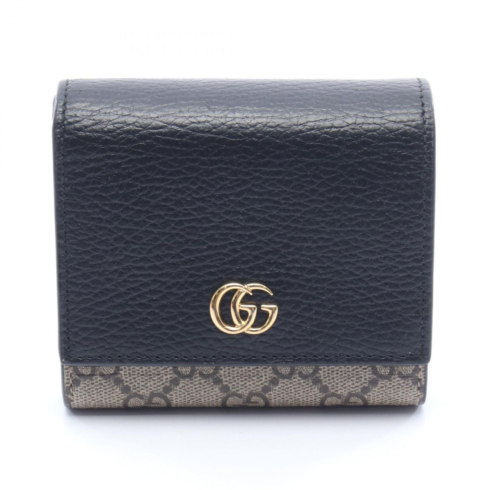 Gucci Bifold Wallet GG Marmont Beige Black Leather Canvas Double Bicolor Compact