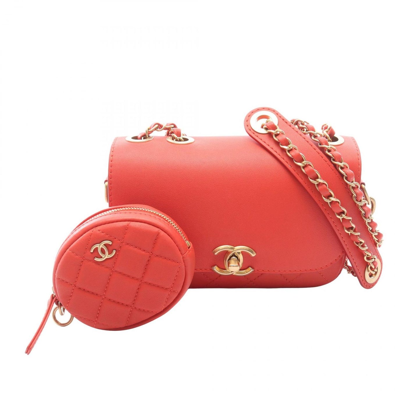 Chanel Shoulder Bag Quilted Red Lambskin Flap with Coin Case