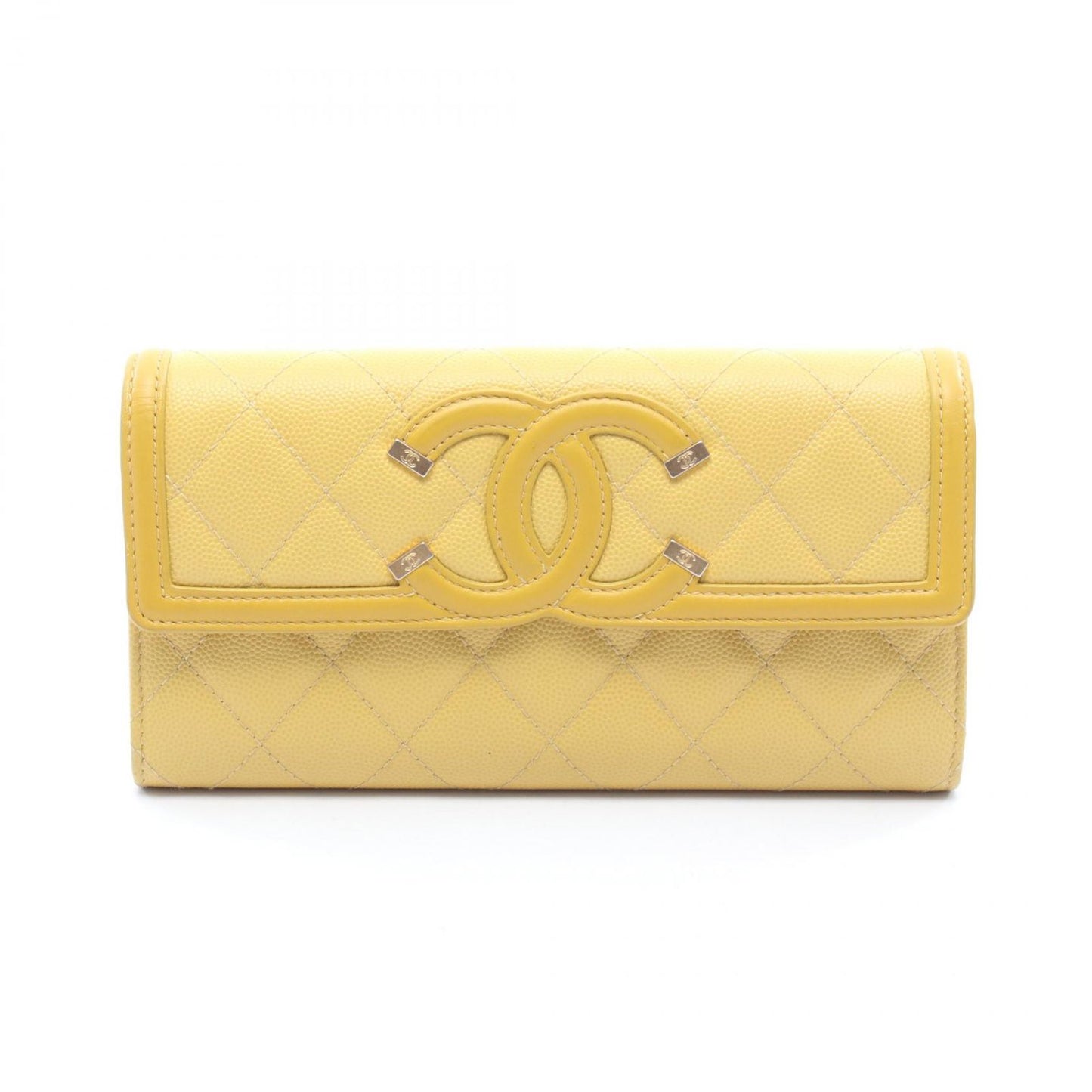 Chanel Bifold Wallet CC Filigree Yellow Caviar Leather CC Quilted Zip