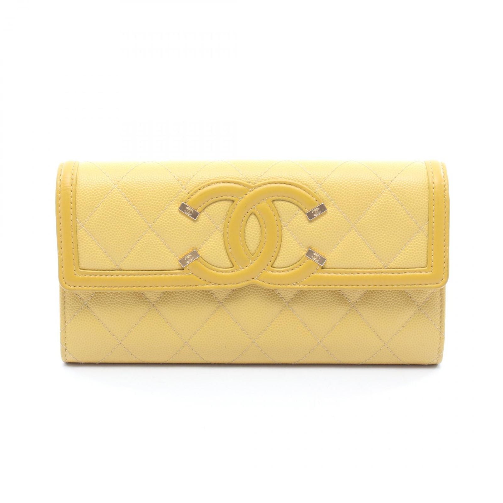 Chanel Bifold Wallet CC Filigree Yellow Caviar Leather CC Quilted Zip