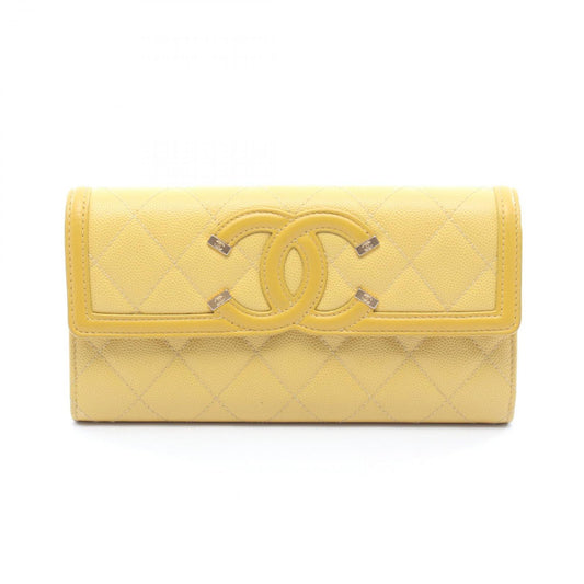 Chanel Bifold Wallet CC Filigree Yellow Caviar Leather CC Quilted Zip