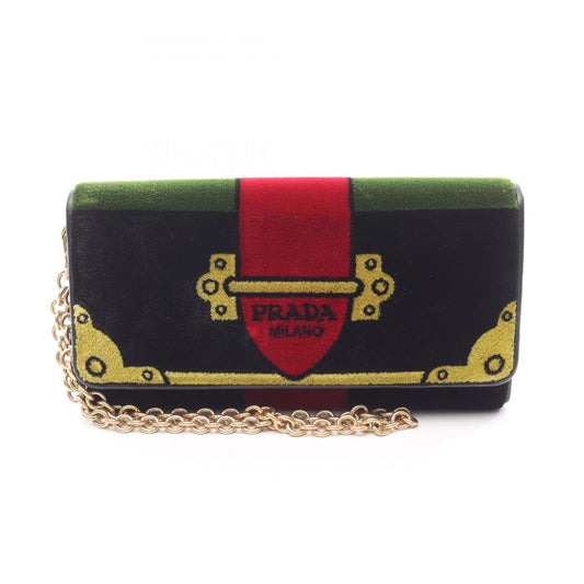 Prada Bifold Wallet Velluto Ricamo Black Fabric Leather Chain