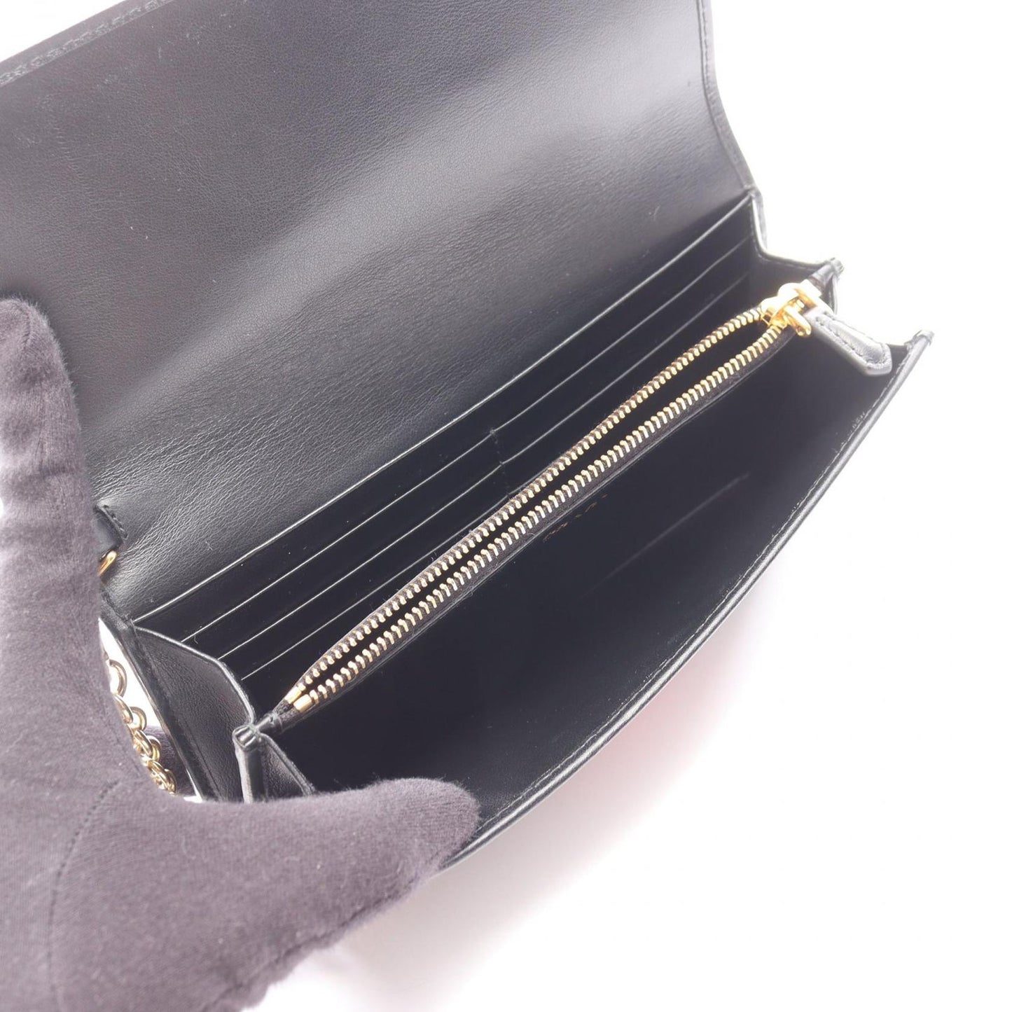 Prada Bifold Wallet Velluto Ricamo Black Fabric Leather Chain — view 3