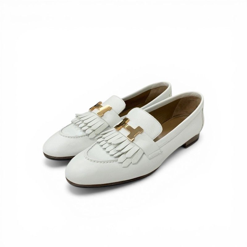 Hermes Royale Loafers Leather Shoes White Pink Gold Fringe Moccasins Flat
