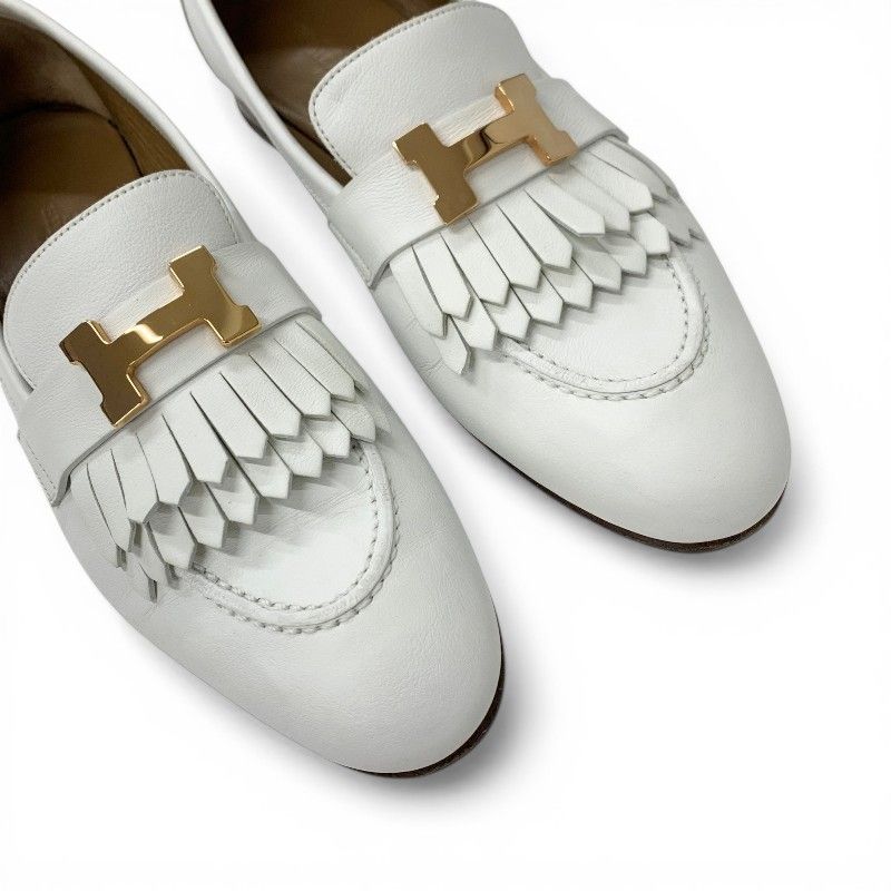 Hermes Royale Loafers Leather Shoes White Pink Gold Fringe Moccasins Flat — view 9