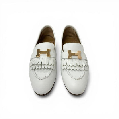 Hermes Royale Loafers Leather Shoes White Pink Gold Fringe Moccasins Flat — view 2