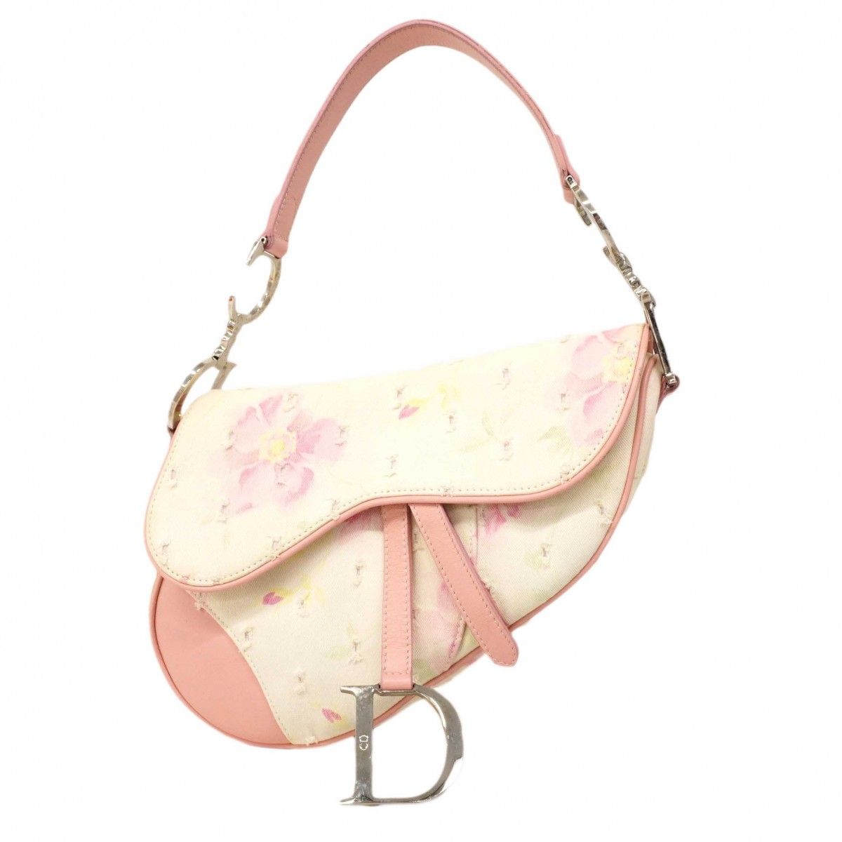 Dior Handbag Saddle Canvas Ivory Pink Silver