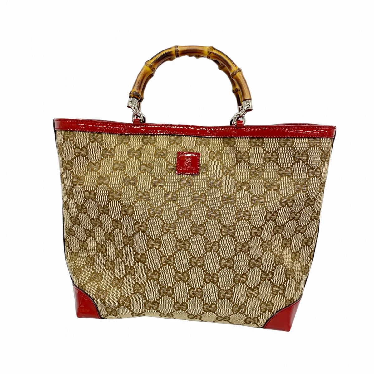 Gucci Handbag GG Canvas Bamboo Beige Red Silver