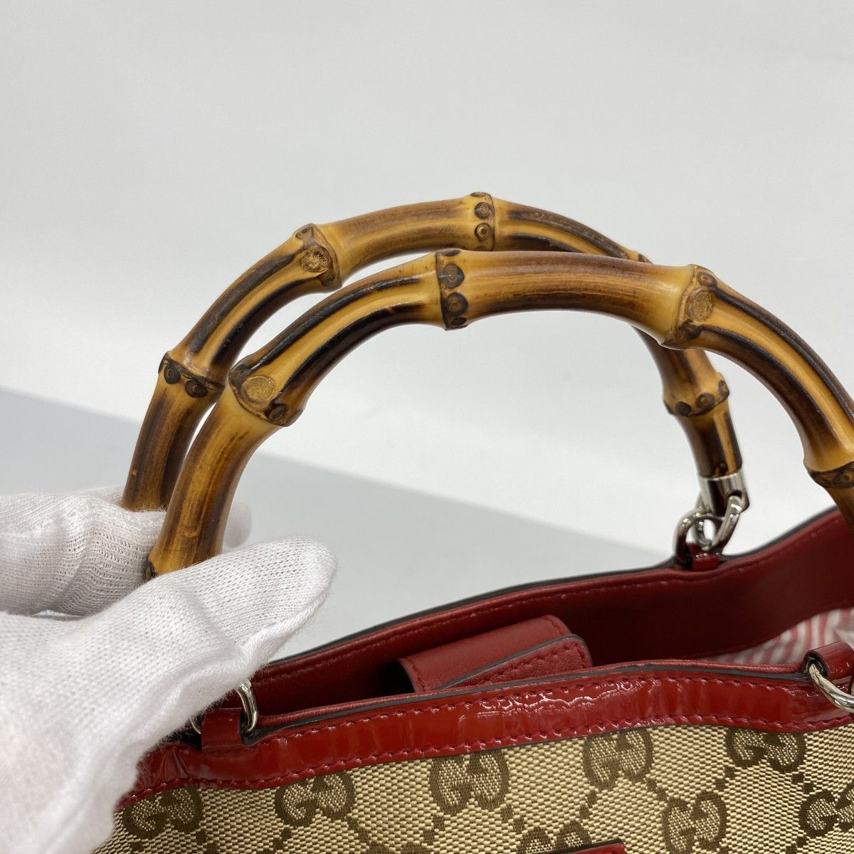 Gucci Handbag GG Canvas Bamboo Beige Red Silver — view 9