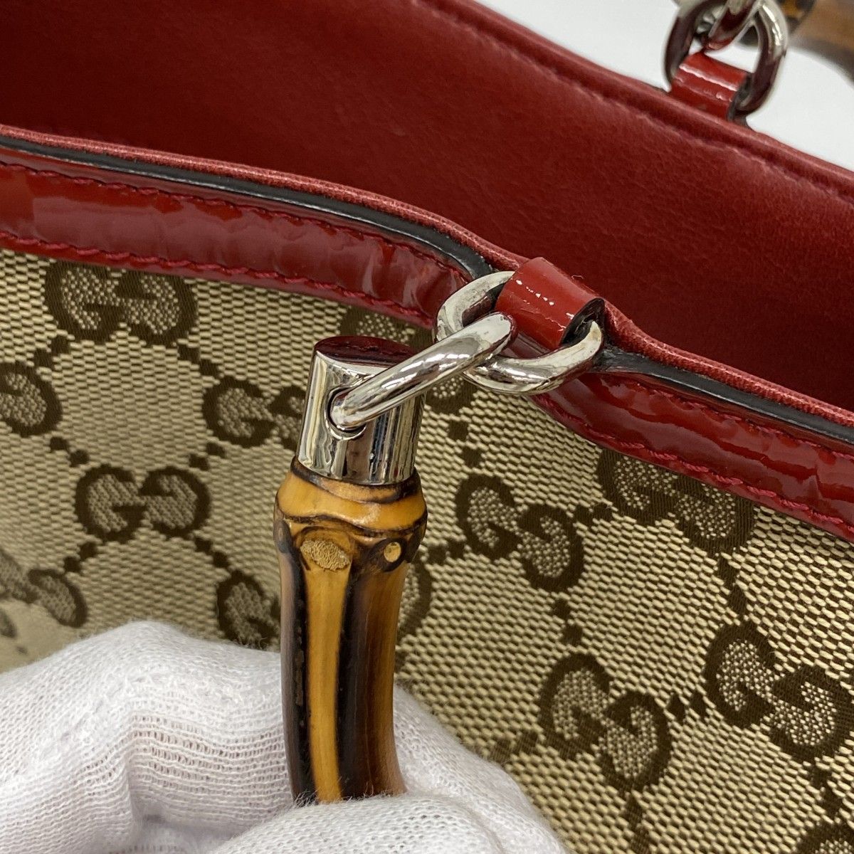Gucci Handbag GG Canvas Bamboo Beige Red Silver — view 8