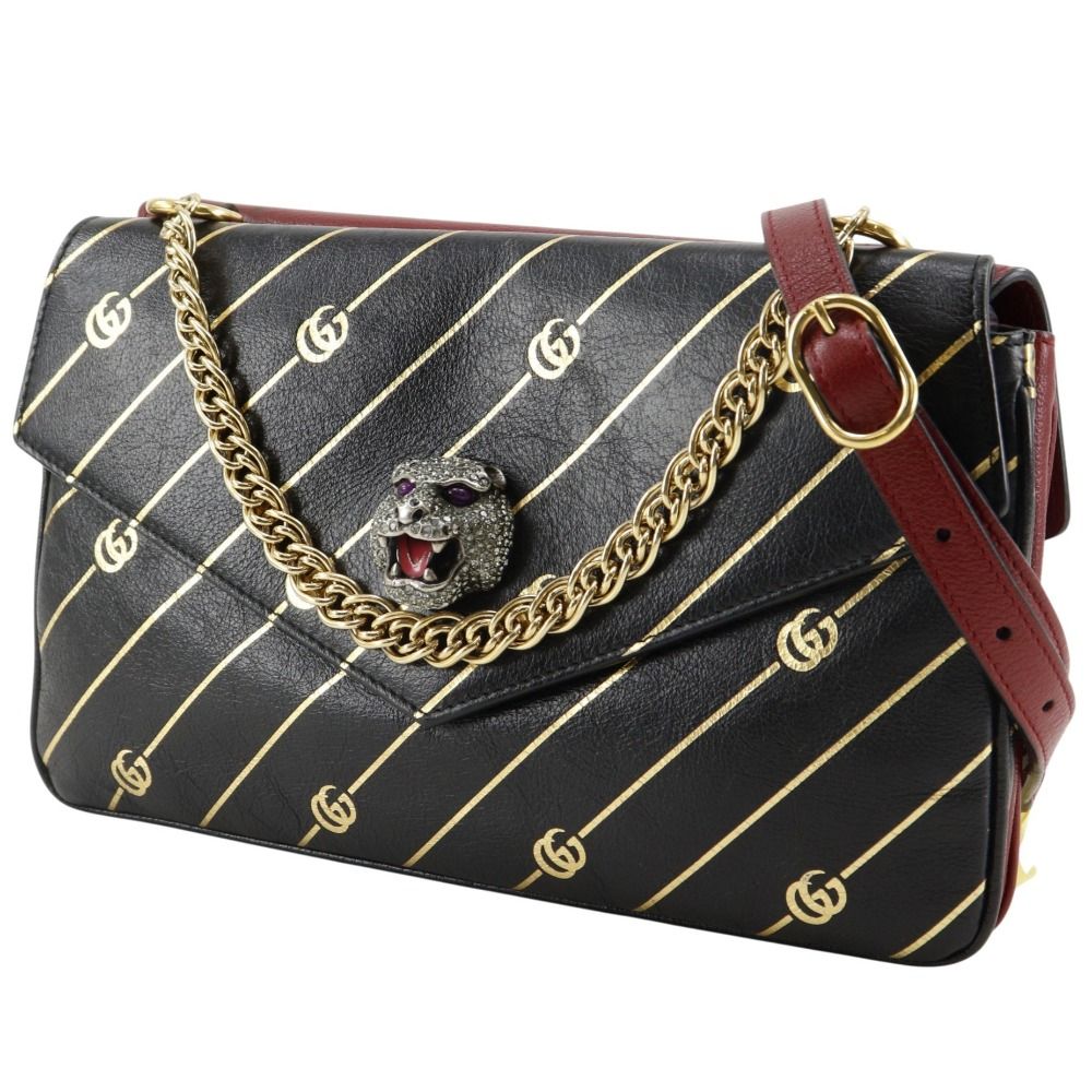 Gucci GG Cat Double Face Chain Shoulder Calf Red Black Bag — view 2