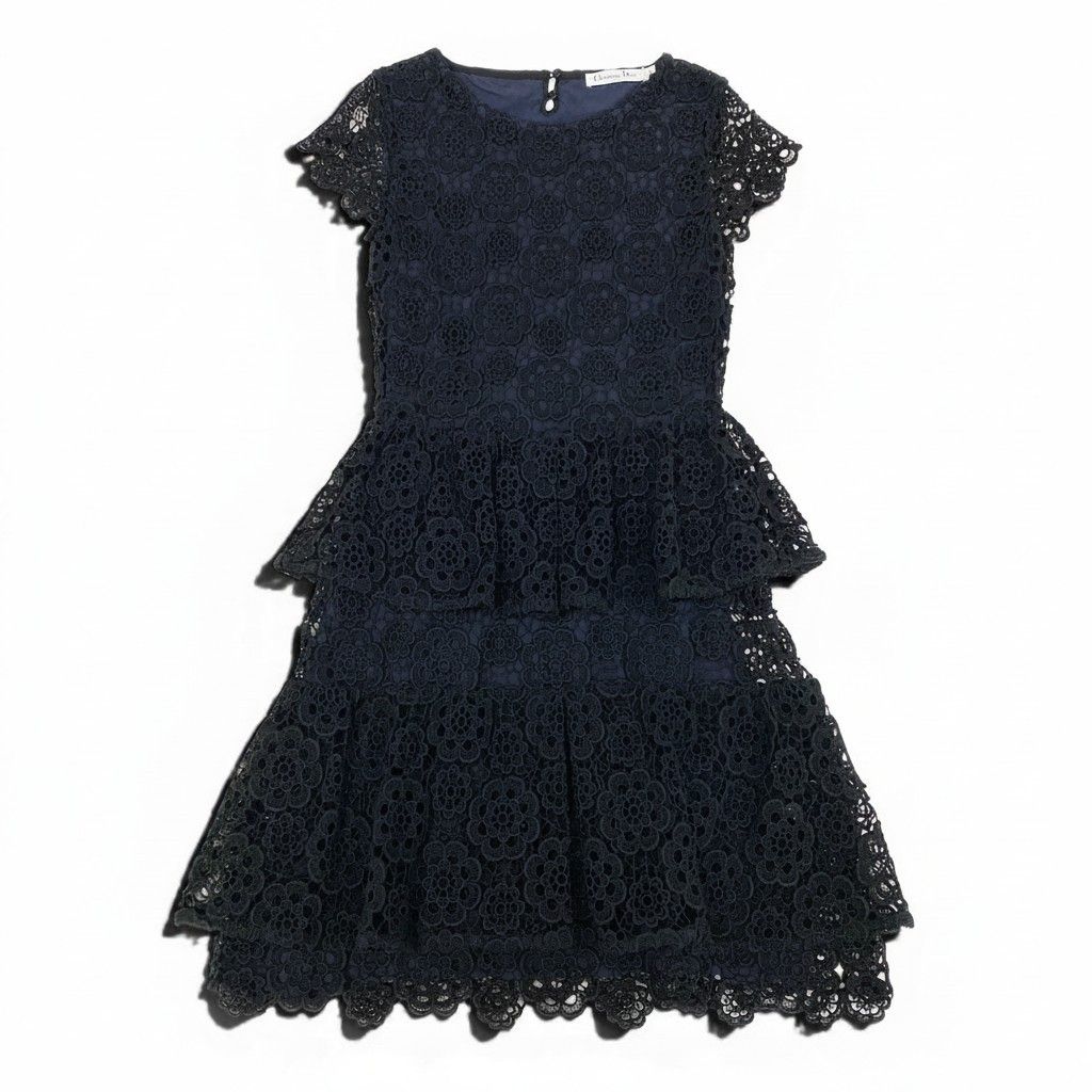 Dior Flower Lace Dress Tiered 44 Black Navy