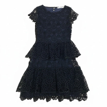 Dior Flower Lace Dress Tiered 44 Black Navy