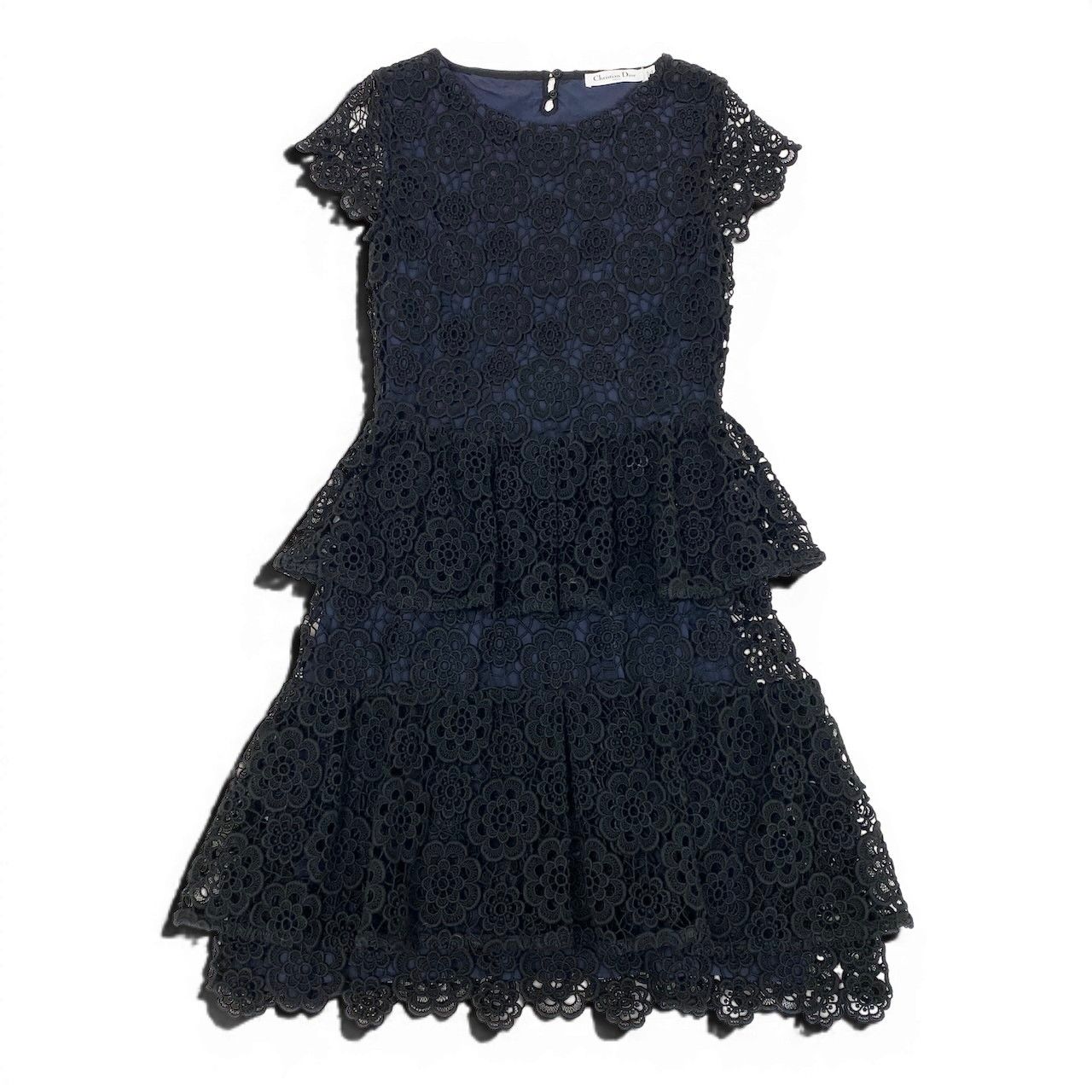 Dior Flower Lace Dress Tiered 44 Black Navy — view 3
